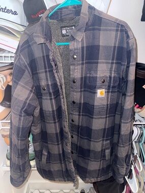 Carhartt Men's Gray & Navy Plaid Lined Work Shirt Jacket